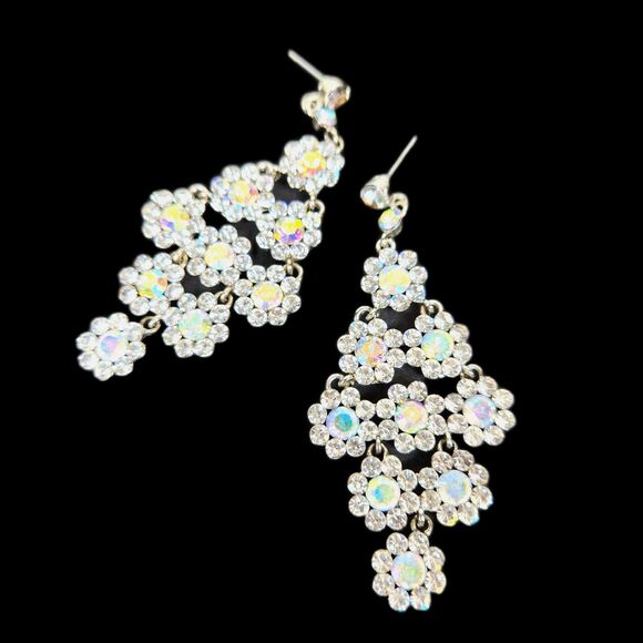 Bling Rhinestone Earrings AB Flower Drop Chandeliers 2.75 in. Pagent Prom - Picture 1 of 7